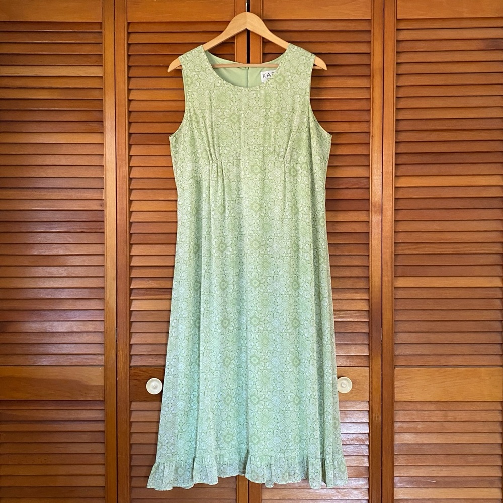 Vintage Kari New York Dress Women's Size 16 Green Y2K Sleeveless Ruffle Hem Midi